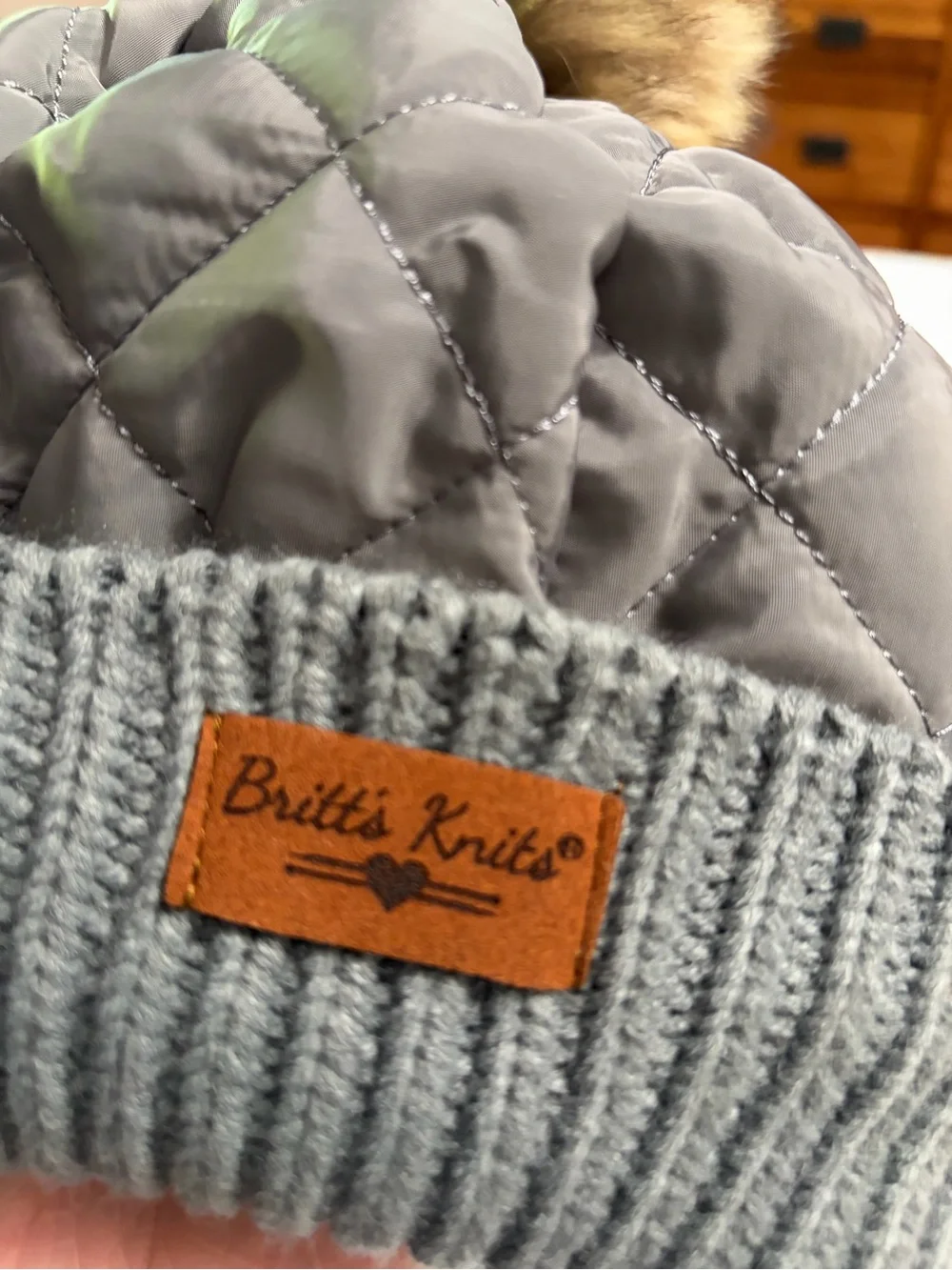 Britt's Knits Gray Quilted Beanie with Plush Faux Fur Pom